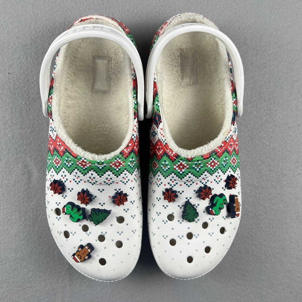 Crocs Classic Lined Clog Mens 13 White Fair Isle Holiday Christmas Pixel Jibbitz - Picture 9 of 16